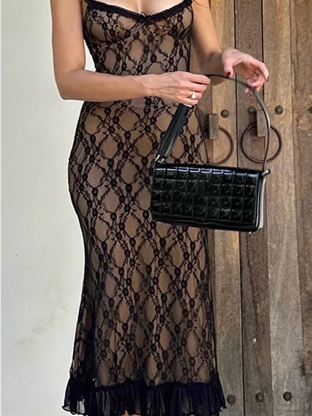 Commense Lace Patchwork Cami Midi Dress Black Nude NWT - Picture 3 of 9